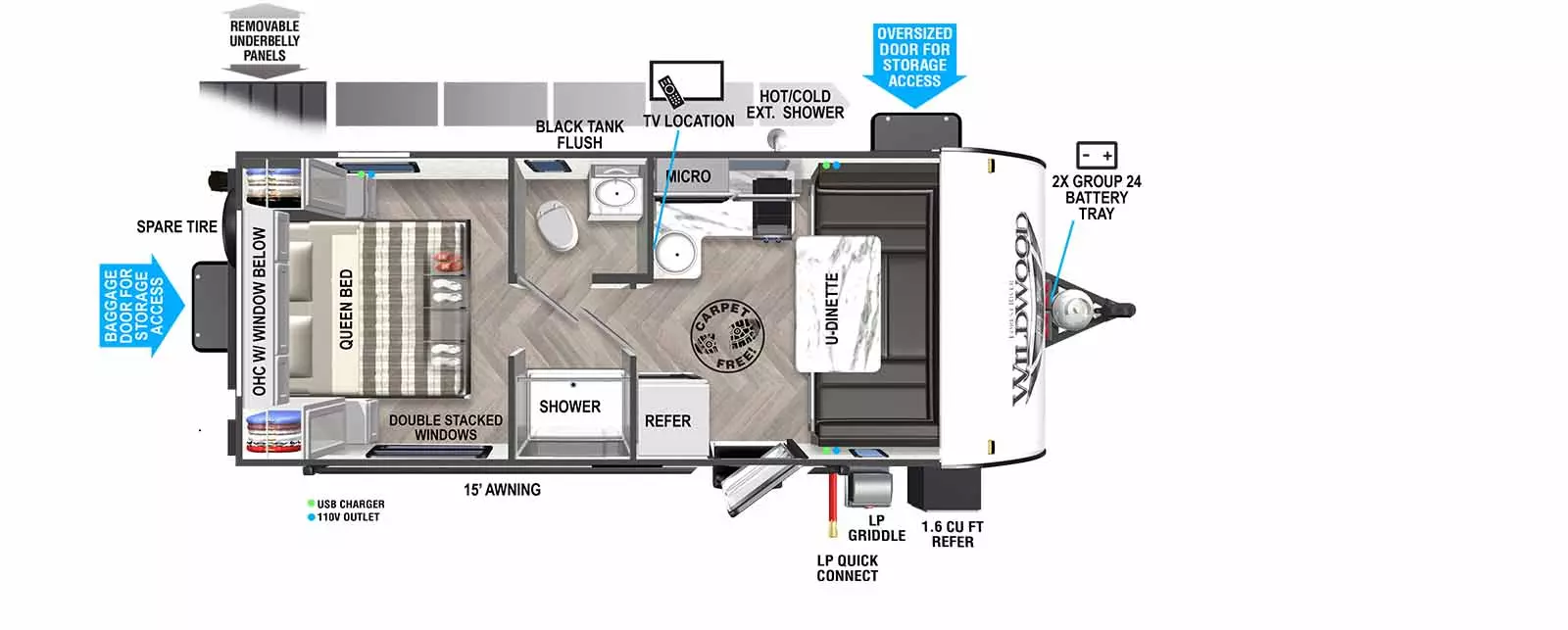 Wildwood FSX 161QK floorplan. The 161QK has no slide outs and one entry door.